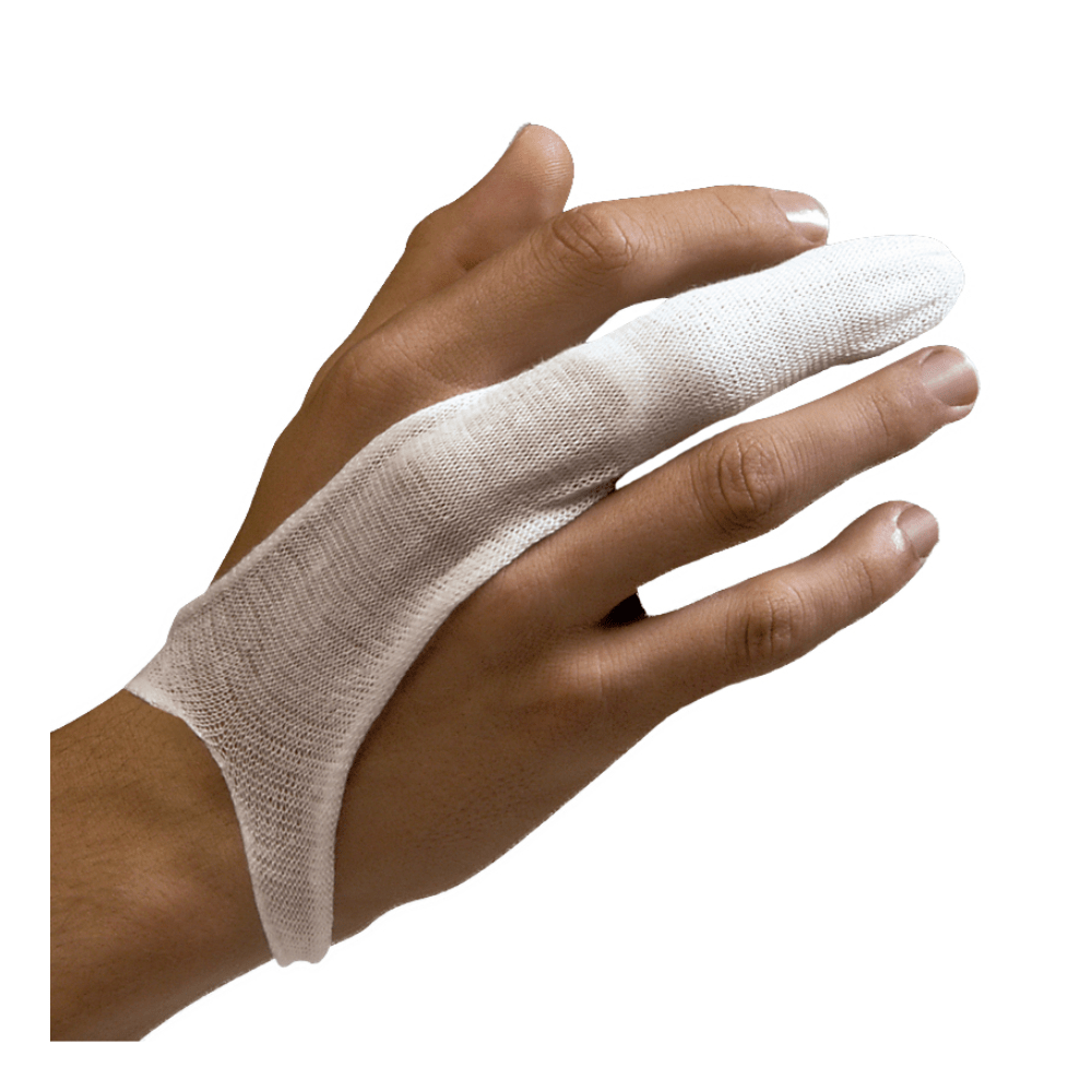 Une main portant des doigtiers élastiques de la marque Holthaus, qui recouvrent l'index et s'étendent jusqu'à la base du pouce, fabriqués par Holthaus Medical GmbH & Co. KG. Ce bandage respirant et extensible immobilise l'index. L'arrière-plan est d'un blanc uni.