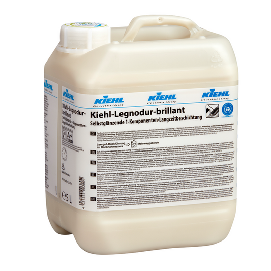 Ein beigefarbener 5-Liter-Kunststoffbehälter der Johannes Kiehl KG Kiehl-Legnodur-brillant Selbstglänzende 1-Komponenten-Permanentbeschichtung mit blauer und schwarzer Schrift und einem weißen Schraubverschluss, verkauft als Karton mit 2 Flaschen.