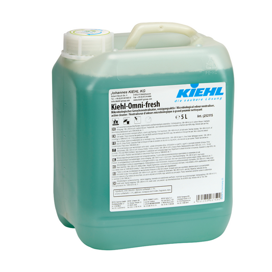 Der Kiehl Omni-fresh Mikrobiologischer Geruchsneutralisator, reinigungsaktiv der Johannes Kiehl KG, mit Griff und Schraubverschluss, enthält einen 5-Liter-Behälter aus transluzentem Kunststoff mit grünem Flüssigreiniger zur effektiven Geruchsneutralisation.