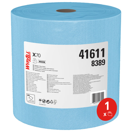 Eine große blaue WypAll® X70 PowerClean Großrolle der Kimberly-Clark GmbH (1 x 870 Blatt pro Rolle) trägt ein weißes Etikett mit Produktangaben, den Nummern 41611 und 8389 sowie einem roten "1 x"-Symbol - ideal für die industrielle Reinigung.