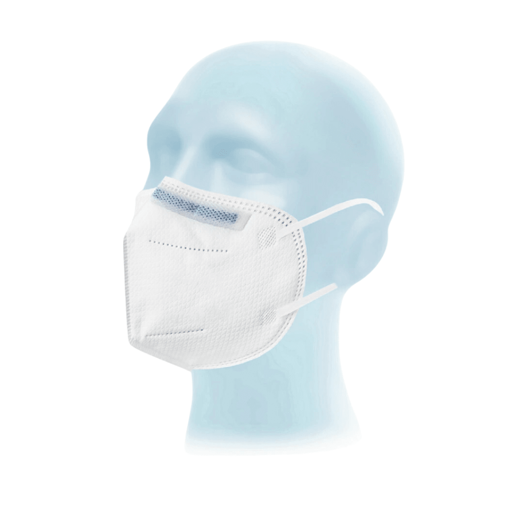 La photo représente une tête de mannequin de vitrine bleu clair portant un masque de protection respiratoire Meditrade Respima FFP2 NR | Paquet (20 pièces) de la société Meditrade GmbH, muni de boucles d'oreilles et d'une bande nasale bleue, sur fond blanc.
