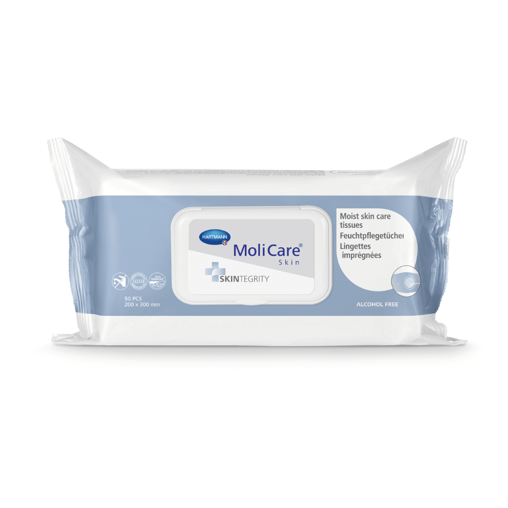 Paquet de lingettes hydratantes MoliCare® Skin de la société Paul Hartmann AG, présenté dans un emballage blanc et bleu, portant la mention « lingettes hydratantes pour la peau », sans alcool, au format 20x