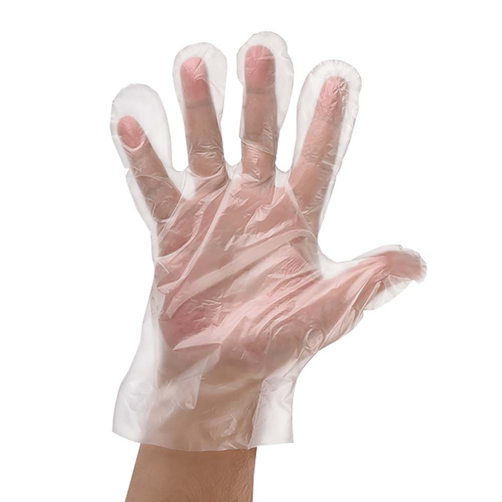 Une main portant des gants jetables en PE NITRAS de la société MCD MEDICAL CARE DENTAL GmbH est représentée sur un fond blanc. Ces gants transparents en PE, conformes à la norme EN 1186, semblent légèrement froncés et amples, car ils épousent la paume de la main.