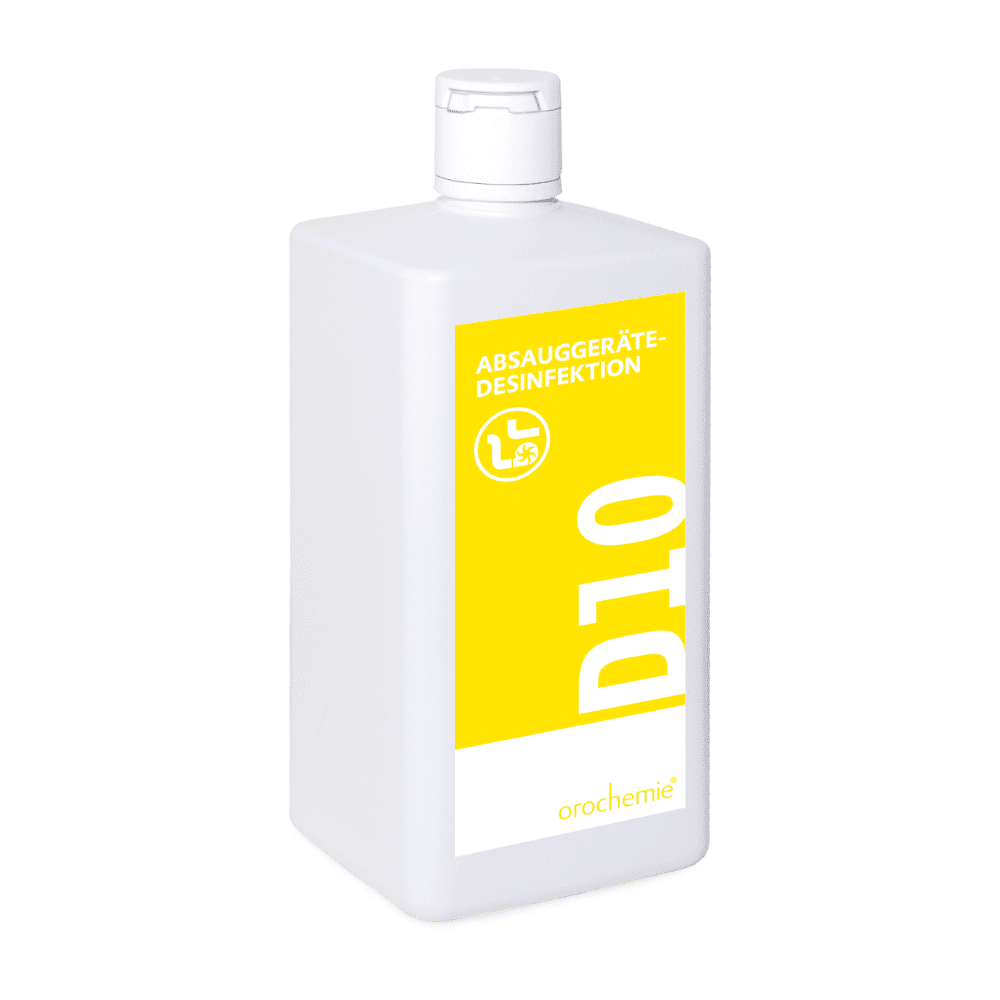 Orochemie D 10 Désinfectant pour appareils d'aspiration, également adapté aux appareils d'inhalation (flacon de 1 l) de la société orochemie GmbH + Co KG : désinfectant sans aldéhyde, conditionné dans un flacon en plastique blanc muni d'une étiquette jaune « D10 », destiné aux appareils d'aspiration et d'inhalation.