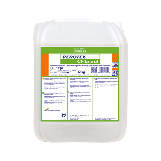Ein weißer 12-kg-Kunststoffbehälter mit einem grün-orangefarbenen Etikett mit der Aufschrift "Dr. Schnell Perotex CF EVO 14 Geschirrreiniger" der DR.SCHNELL GmbH & Co. KGaA enthält Produktinformationen, Anweisungen und Sicherheitssymbole in deutscher Sprache für gewerbliche Geschirrspüler.