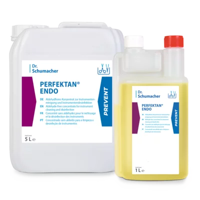 Zwei Gebinde der Dr. Schumacher GmbH PERFEKTAN® ENDO - ein 5L weißes und ein 1L gelbes - beide mit weißem Etikett und blauer Schrift, dargestellt auf hellem Grund. Ideales Desinfektionsmittel für die Aufbereitung von Endoskopen (Endoskop Aufbereitung).