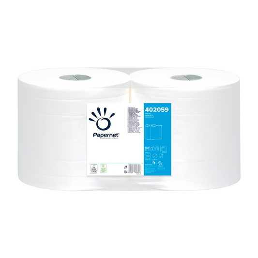 Zwei große Rollen Papernet Industriepapier 402059 von Sofidel Germany GmbH sind nebeneinander gestapelt. Jede Rolle ist mit einem weißen Etikett versehen, auf dem das Markenlogo, die Produktnummer 402059 und verschiedene Produktdetails in blauer und schwarzer Schrift zu sehen sind, ideal für tägliche Reinigungsaufgaben.