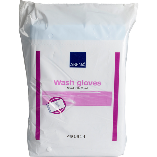 Eine versiegelte Packung Abena Re-Seller GmbH Waschhandschuhe, 16x23 cm, Airlaid/PE, Weiß (Packung mit 50 Paaren), mit rosa akzentuierter weißer Verpackung.