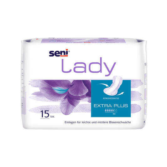 Die Seni Lady Extra Plus Einlage von TZMO Deutschland GmbH kommt im 15er Pack, ideal bei leichter bis mittlerer Blasenschwäche. Die weiß-lila Verpackung mit Blumendesign ist atmungsaktiv und für Frauen konzipiert.