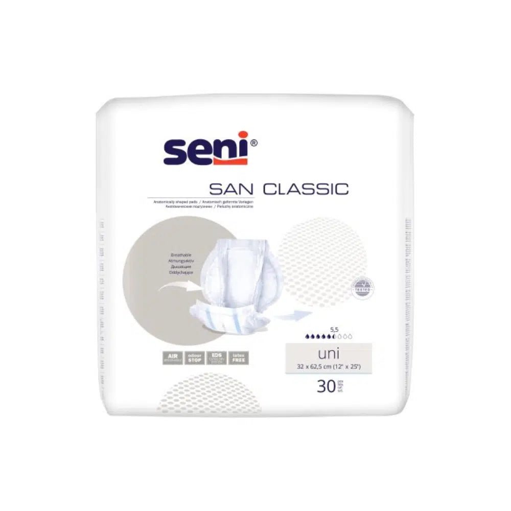 La photo montre un paquet de San Seni Protège-vêtements Classic Uni de la marque TZMO Deutschland GmbH. L'emballage est principalement blanc, rehaussé de touches de bleu et de beige, et comporte un texte indiquant la capacité d'absorption et la taille. Pour un confort accru, l'emballage contient 30 protège-vêtements.