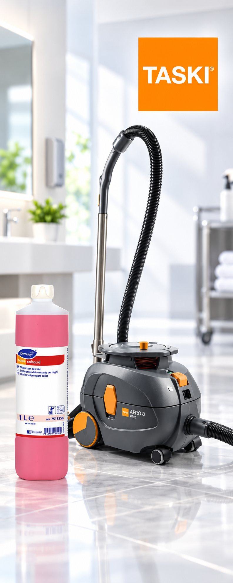 Banner: TASKI Aero 8 Pro Staubsauger und TASKI calcacid Sanitärentkalker 1 L von Diversey