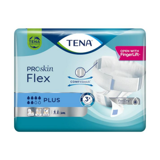 Die Verpackung der TENA Flex Plus Inkontinenzhose von TENA – Essity Germany GmbH ist in blau-weiß gehalten. Sie enthält Symbole zur Angabe der Saugstärke und der Schriftzug „Öffnen mit FingerLift“ ist oben rechts über dem Hüftbund prominent platziert.