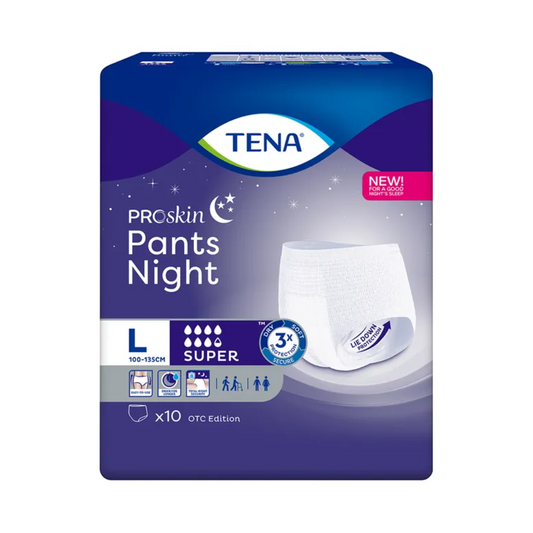 Das Bild zeigt die Verpackung für TENA ProSkin Pants Night Super Inkontinenzpants von TENA – Essity Germany GmbH. Diese Einwegunterwäsche ist für Inkontinenzbedürfnisse konzipiert und bietet eine große Größenauswahl von 100-135 cm. Sie bietet super Saugfähigkeit und Nachtschutz mit hautfreundlichen Eigenschaften. Die Packung enthält 10 Pants, perfekt zur Behandlung von Blasenschwäche.