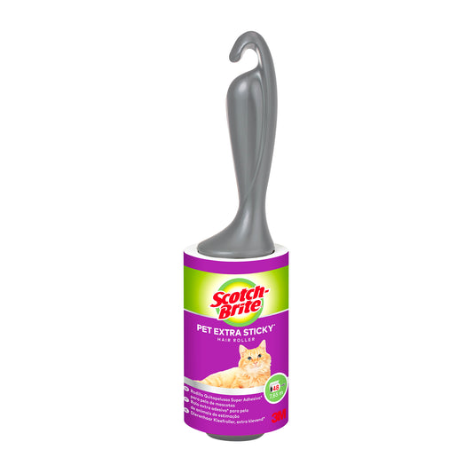 Der Scotch-Brite™ Pet Extra Sticky* Roller für Tierhaare von 3M Deutschland GmbH entfernt effektiv Tierhaare und verfügt über einen extra klebrigen Roller sowie 48 Blatt pro Packung.