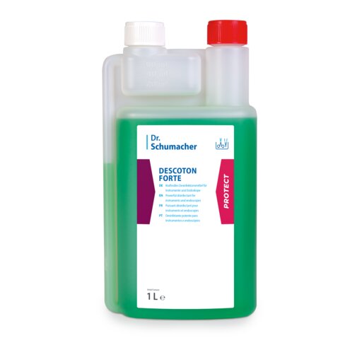 Une bouteille transparente de 1 litre de la Dr. Schumacher GmbH Dr. Schumacher DESCOTON FORTE, liquide vert pour la désinfection des instruments, est munie d'une étiquette blanc-violet et d'un bouchon rouge sur la chambre de dosage.