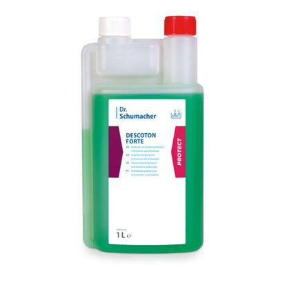 Une bouteille transparente de 1 litre de la Dr. Schumacher GmbH Dr. Schumacher DESCOTON FORTE, liquide vert pour la désinfection des instruments, est munie d'une étiquette blanc-violet et d'un bouchon rouge sur la chambre de dosage.