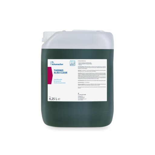 Le bidon Dr. Schumacher THERMO ALKA CLEAR de 4250 ml de la société Dr. Schumacher GmbH dispose d'une étiquette blanche avec des informations sur le produit et la marque, garantissant une propreté hygiénique des appareils de désinfection thermique.