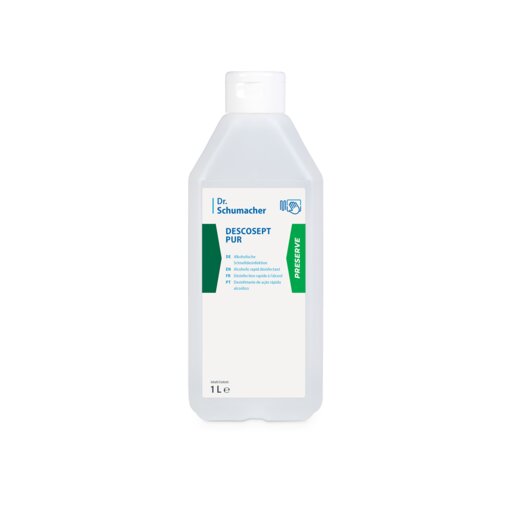 Une bouteille en plastique de 1L Dr. Schumacher DESCOSEPT PUR, désinfection rapide de Dr. Schumacher GmbH, avec une étiquette blanche avec des accents verts et bleus et un bouchon blanc. Idéal pour l'inventaire médical; debout sur fond blanc.