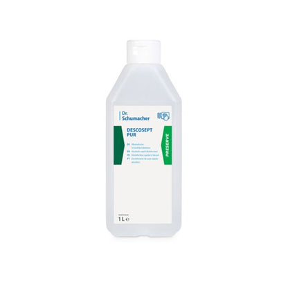 Une bouteille en plastique de 1L Dr. Schumacher DESCOSEPT PUR, désinfection rapide de Dr. Schumacher GmbH, avec une étiquette blanche avec des accents verts et bleus et un bouchon blanc. Idéal pour l'inventaire médical; debout sur fond blanc.