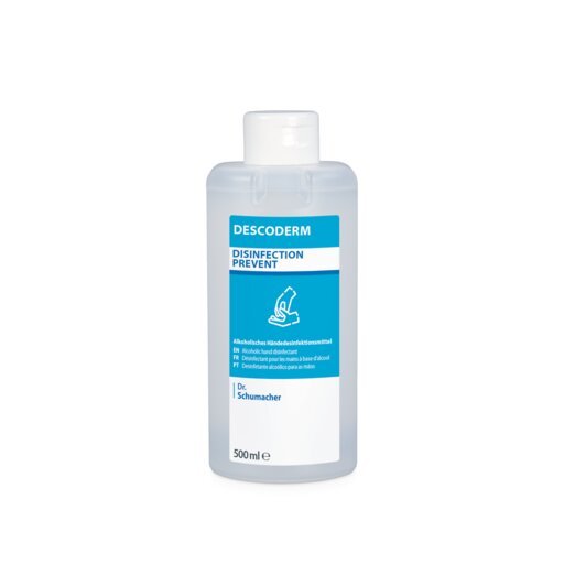 Dr. Schumacher DESCODERM désinfectant pour les mains dans une bouteille de 500 ml en plastique transparent avec un bouchon rabattable blanc et une étiquette bleu-blanc avec des informations sur le produit et un diagramme de désinfection des mains pour la désinfection des mains de Dr. Schumacher GmbH.