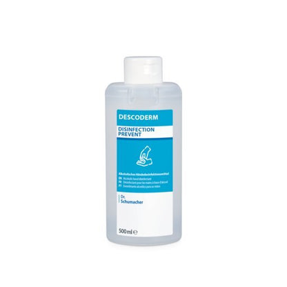 Dr. Schumacher DESCODERM désinfectant pour les mains dans une bouteille de 500 ml en plastique transparent avec un bouchon rabattable blanc et une étiquette bleu-blanc avec des informations sur le produit et un diagramme de désinfection des mains pour la désinfection des mains de Dr. Schumacher GmbH.