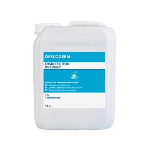 Un conteneur en plastique de 5 litres avec l'inscription "Dr. Schumacher DESCODERM désinfectant pour les mains" de Dr. Schumacher GmbH, un désinfectant alcoolisé sans parfum pour la désinfection des mains avec une étiquette multilingue bleu-blanc.
