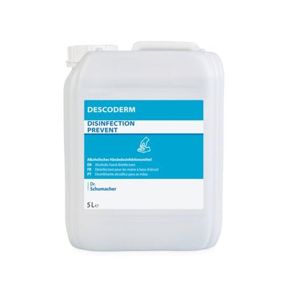 Un conteneur en plastique de 5 litres avec l'inscription "Dr. Schumacher DESCODERM désinfectant pour les mains" de Dr. Schumacher GmbH, un désinfectant alcoolisé sans parfum pour la désinfection des mains avec une étiquette multilingue bleu-blanc.
