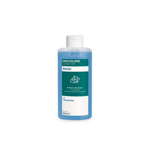 Une bouteille de 500 ml de lotion lavante Dr. Schumacher DESCOLIND COMFORT WASH de Dr. Schumacher GmbH avec un bouchon blanc, un liquide bleu et une étiquette avec de l'allantoïne et le logo Dr. Schumacher sur fond blanc.