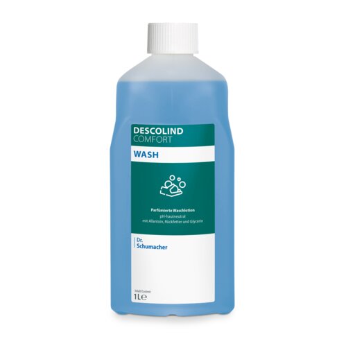 La bouteille de 1 litre de lotion lavante Dr. Schumacher DESCOLIND COMFORT WASH de Dr. Schumacher GmbH avec un bouchon blanc et un liquide bleu indique sur l'étiquette avant blanc-vert, en plus des informations sur le produit, la formule pH-neutre pour la peau et l'allantoïne.
