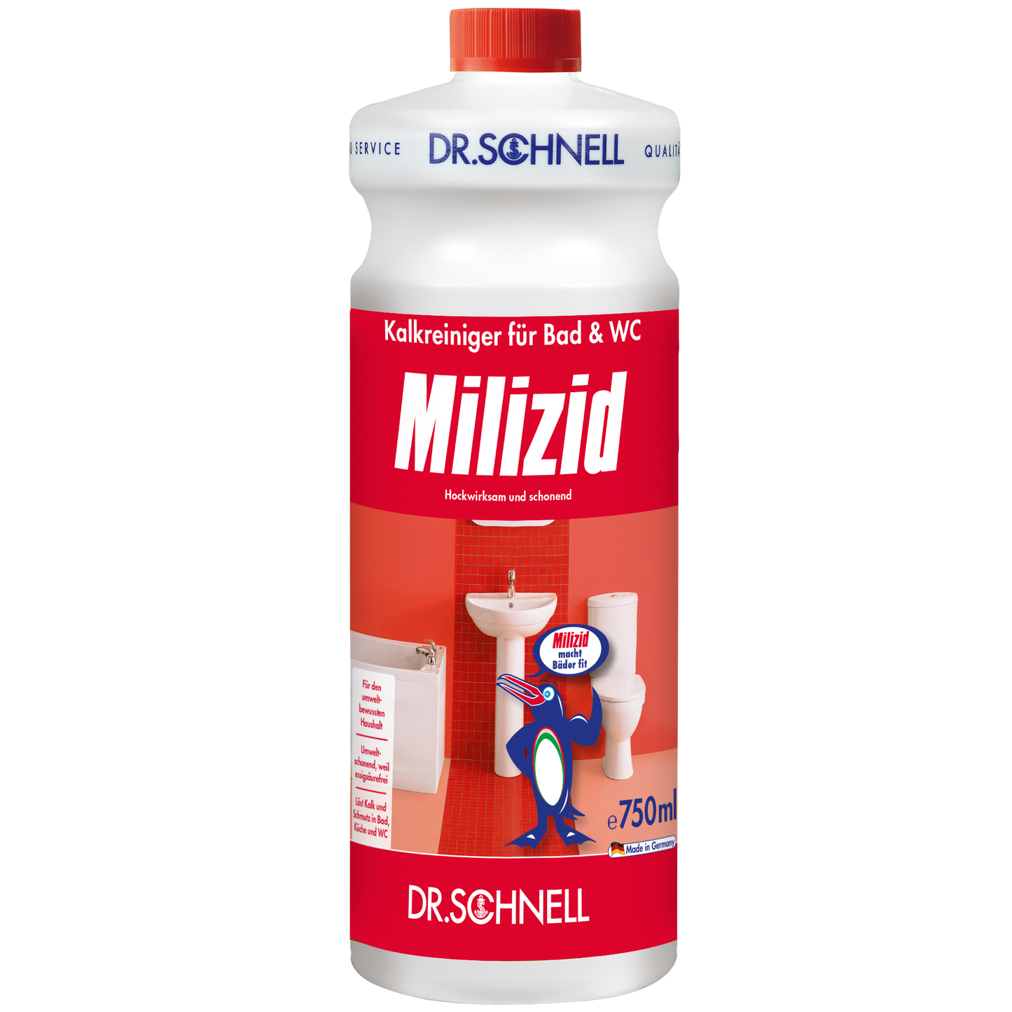 Die 750 ml Flasche Dr. Schnell MILIZID KALKREINIGER der DR.SCHNELL GmbH & Co. KGaA mit rot-weißem Etikett und Badmotiv ist ein kraftvoller Entkalker für die Reinigung von Bad und Toilette.
