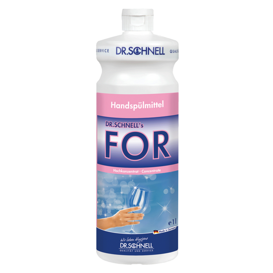 Eine 1-Liter-Flasche Dr. Schnell FOR Handspülmittel der DR.SCHNELL GmbH & Co. KGaA, ein konzentriertes Geschirrspülmittel mit rosa und blauem Etikett, Hand, Blasen, weißem Verschluss und DR.SCHNELL Branding.