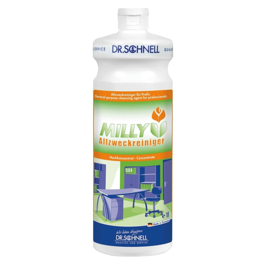 Une bouteille de Dr. Schnell MILLY NETTOYANT UNIVERSEL de DR.SCHNELL GmbH & Co. KGaA, un nettoyant universel concentré pour les professionnels, illustrée avec des meubles de bureau et des équipements de nettoyage - idéal pour un dégraissage puissant au quotidien.