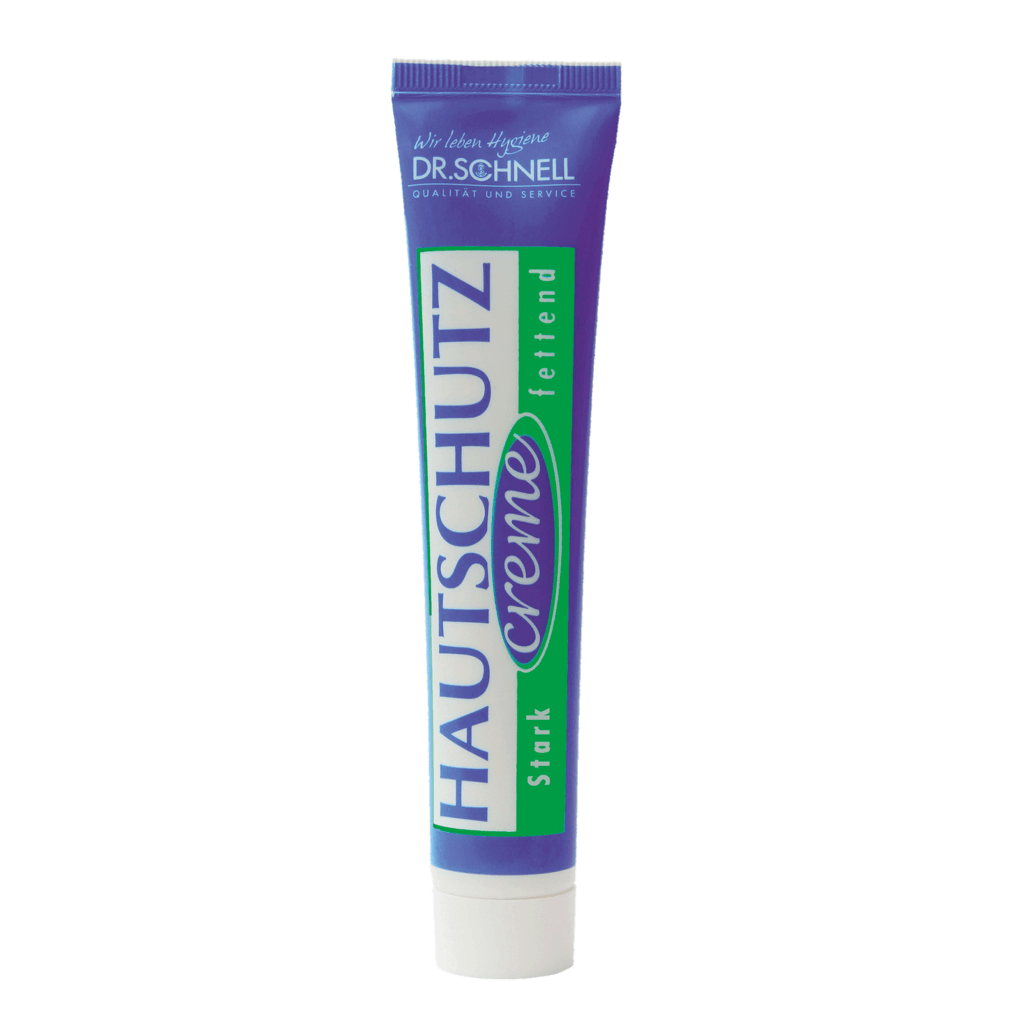 Un tube violet-vert de la crème protectrice pour la peau DR.SCHNELL (50 tubes de 50 ml) de la société DR.SCHNELL GmbH & Co. KGaA se tient debout devant un fond clair et simple, avec le nom de la marque au sommet.