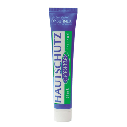 Un tube violet-vert de la crème protectrice pour la peau DR.SCHNELL (50 tubes de 50 ml) de la société DR.SCHNELL GmbH & Co. KGaA se tient debout devant un fond clair et simple, avec le nom de la marque au sommet.