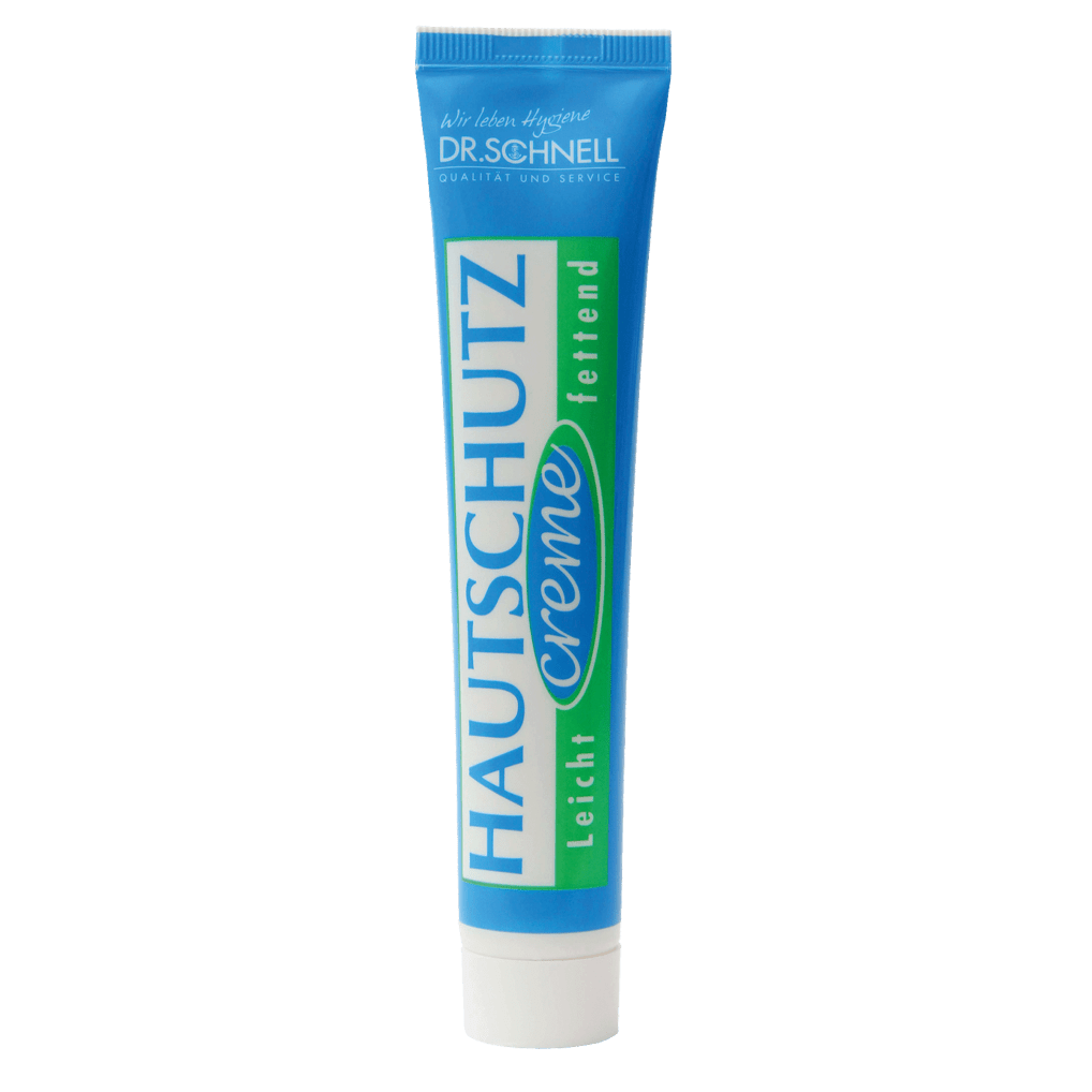 Un tube de la crème protectrice pour la peau DR.SCHNELL de la société DR.SCHNELL GmbH & Co. KGaA (50 x 50 ml) en bleu, vert et blanc est étiqueté en allemand comme une crème protectrice légère pour la peau.