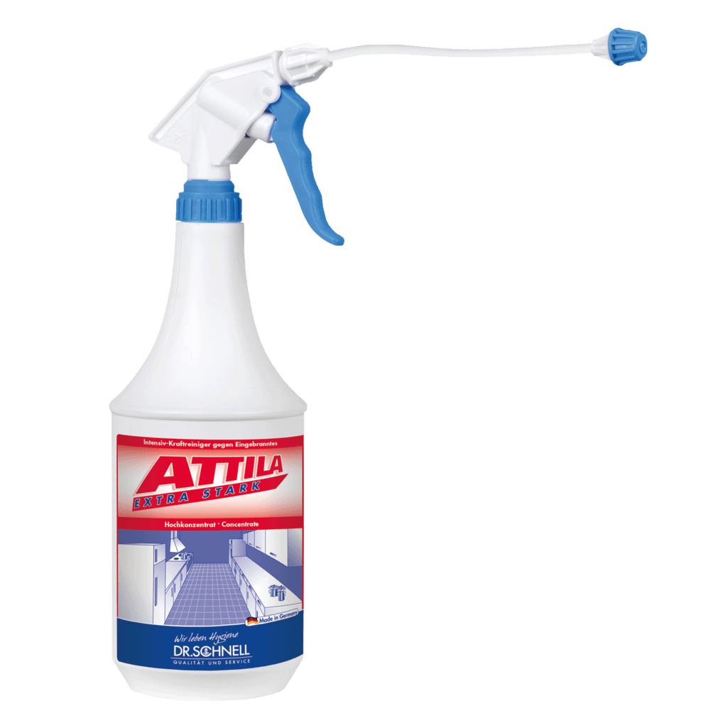 Bouteille pulvérisateur blanche de 1L avec déclencheur bleu et l'inscription "Dr. Schnell ATTILA EXTRA FORT Nettoyant pour gril et four, hygiène de cuisine" de DR.SCHNELL GmbH & Co. KGaA, avec une étiquette rouge et bleue avec du texte allemand pour l'hygiène de cuisine.