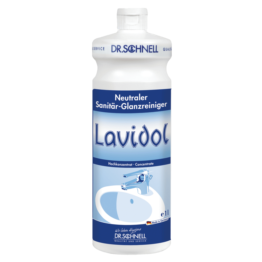 Une bouteille blanc-bleu d'un litre Dr. Schnell LAVIDOL nettoyant sanitaire de DR.SCHNELL GmbH & Co. KGaA est munie de texte en allemand et d'une image d'un lavabo et d'un robinet, et contient un nettoyant sanitaire neutre concentré.