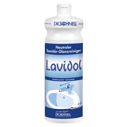 Une bouteille blanc-bleu d'un litre Dr. Schnell LAVIDOL nettoyant sanitaire de DR.SCHNELL GmbH & Co. KGaA est munie de texte en allemand et d'une image d'un lavabo et d'un robinet, et contient un nettoyant sanitaire neutre concentré.