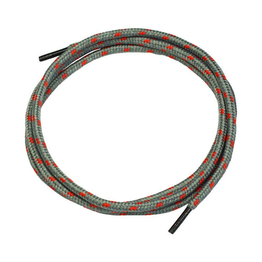 AS Arbeitsschutz GmbH NITRAS Schnürsenkel grau/rot (120 cm, 1 Paar) mit roten Mustern und schwarzen Enden – stilvoll auf weißem Hintergrund präsentiert.