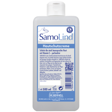 Eine 500 ml Flasche Dr. Schnell SAMOLIND Hautschutz der DR.SCHNELL GmbH & Co. KGaA mit blau-weißer Beschriftung, Produktdetails, Barcode, QR-Code und Text zum Hautschutz mit Vitamin E für die professionelle Anwendung.