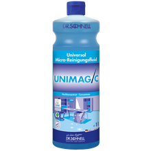 Eine blaue 1-Liter-Flasche Dr. Schnell UNIMAGIC Universalreiniger der DR.SCHNELL GmbH & Co. KGaA mit blauem Verschluss und einem Etikett mit Produktangaben und Reinigungssymbolen.