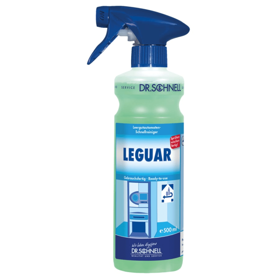 La Dr. Schnell tête de pulvérisation LEGUAR nettoyant de surface (500 ml) de DR.SCHNELL GmbH & Co. KGaA dispose d'une gâchette bleue et d'une étiquette avec des instructions, idéal pour les machines à laver, les lave-vaisselle et les tâches de nettoyage de bâtiments.