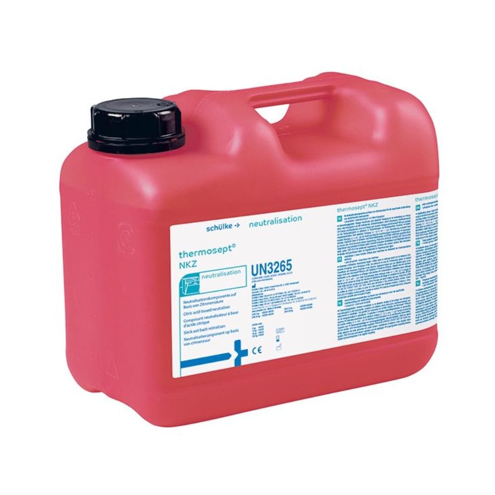 Le nettoyant pour instruments thermosept NKZ de Schülke, un récipient en plastique rouge de Schülke & Mayr GmbH, dispose d'un bouchon à vis noir et d'une grande étiquette. Avec la classification « UN3265 », il est idéal pour les établissements médicaux et indique un matériau corrosif, adapté à la compatibilité des matériaux et à la neutralisation.