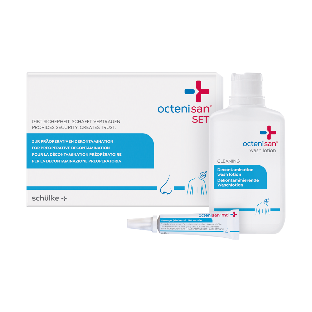 L'ensemble octenisan® de Schülke de Schülke & Mayr GmbH comprend une lotion lavante et un gel nasal (2 pièces) dans un emballage bleu et blanc avec des informations multilingues - idéal pour la décontamination préopératoire. 1 paquet (ensemble).