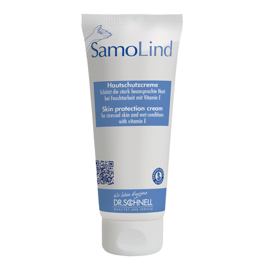 Eine weiße Tube Dr. Schnell SAMOLIND Hautschutz der DR.SCHNELL GmbH & Co. KGaA mit blauen Akzenten und deutsch/englischem Text. Die Creme schützt beanspruchte Haut bei Nässe und enthält Vitamin E.