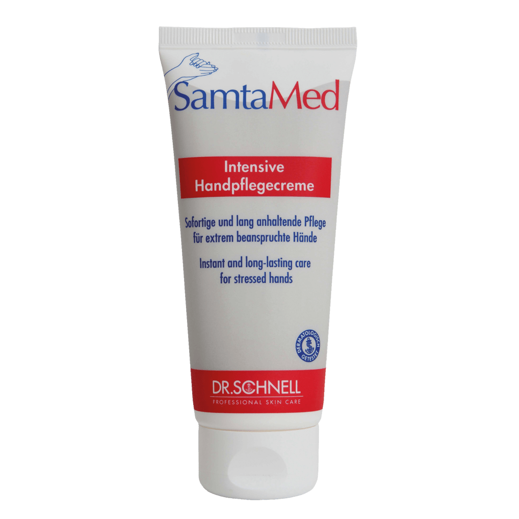 Le tube blanc de la Dr. Schnell SAMTAMED soin de la peau de DR.SCHNELL GmbH & Co. KGaA est doté d'une écriture bleue et rouge, d'un bouchon à clapet, du logo Dr.-Schnell en bas et met en évidence l'effet hydratant en allemand et en anglais.