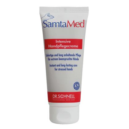 Le tube blanc de la Dr. Schnell SAMTAMED soin de la peau de DR.SCHNELL GmbH & Co. KGaA est doté d'une écriture bleue et rouge, d'un bouchon à clapet, du logo Dr.-Schnell en bas et met en évidence l'effet hydratant en allemand et en anglais.