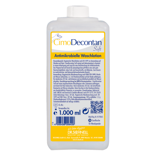 Eine 1.000 ml Flasche Dr. Schnell CIMODECONTAN SOFT Antimikrobielle Waschlotion von DR.SCHNELL GmbH & Co. KGaA, mit gelb-blauem Etikett und deutscher Anleitung zur hygienischen Reinigung von Haut und Händen.
