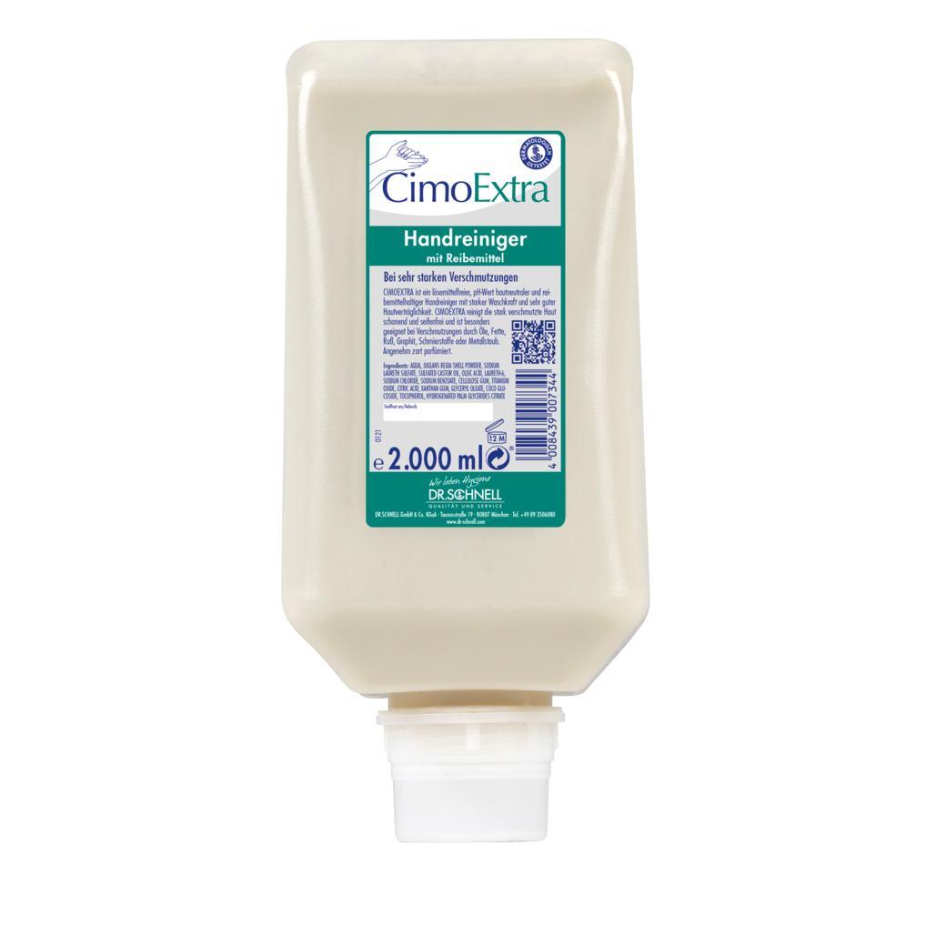 Eine 2000 ml Nachfüllpackung der Dr. Schnell CIMOEXTRA Spenderflaschen Hautreinigung der DR.SCHNELL GmbH & Co. KGaA, mit weißem Verschluss und grün-weißem Etikett, ideal für die schonende Handreinigung in Spenderflaschensystemen.