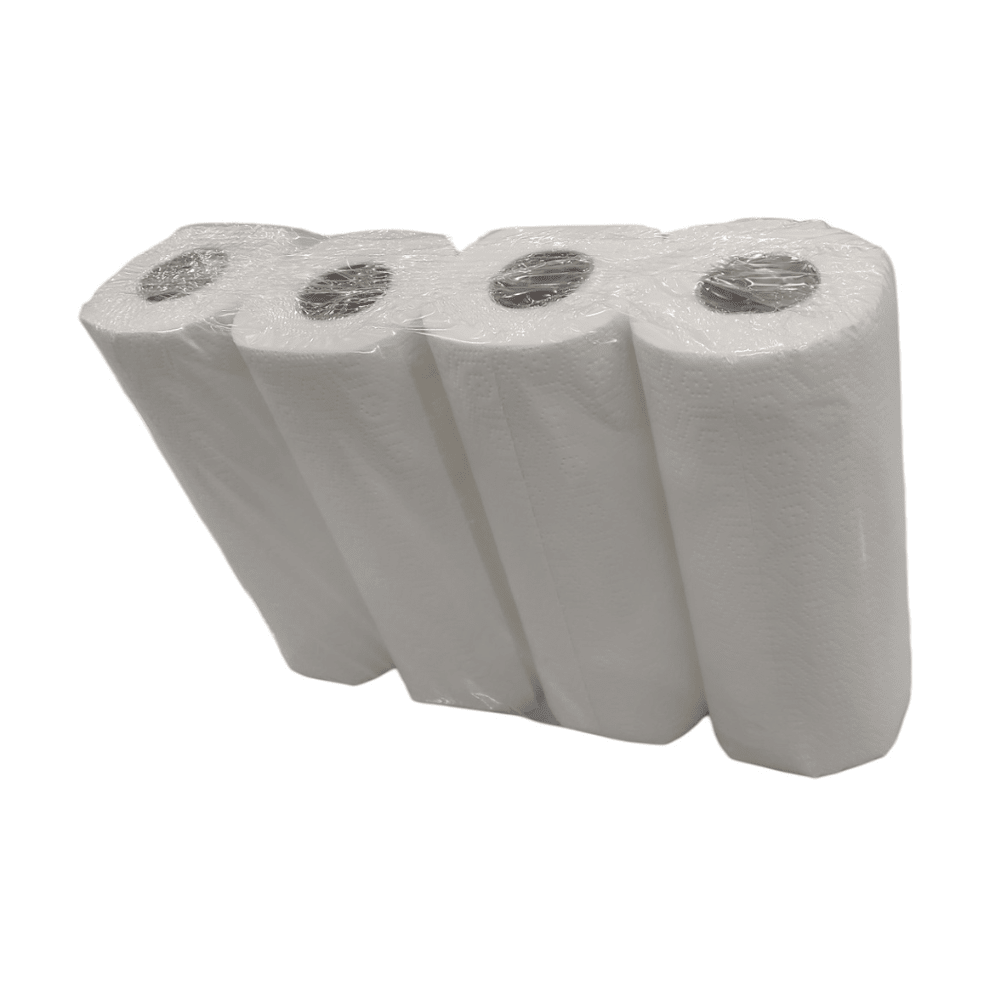 Quatre rouleaux de cuisine blancs 3 couches de CUP UP d.o.o., dans un emballage plastique transparent, photographiés devant un fond blanc simple. Produit : 4 rouleaux, carton (8 paquets).